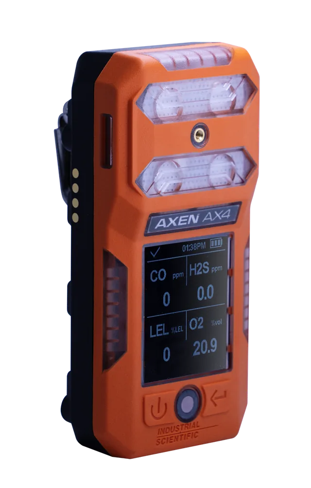 Industrial Scientific AXEN AX4 portable 4-gas monitor displaying CO, H2S, LEL and O2 readings