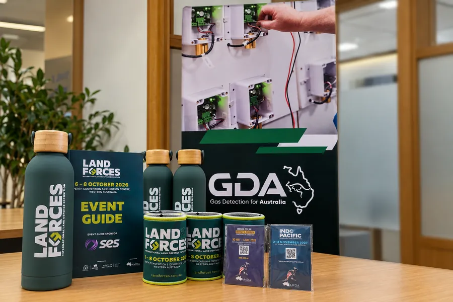 Land Forces 2026 event guide, branded drink bottles and cups and a Gas Detection Australia banner on display